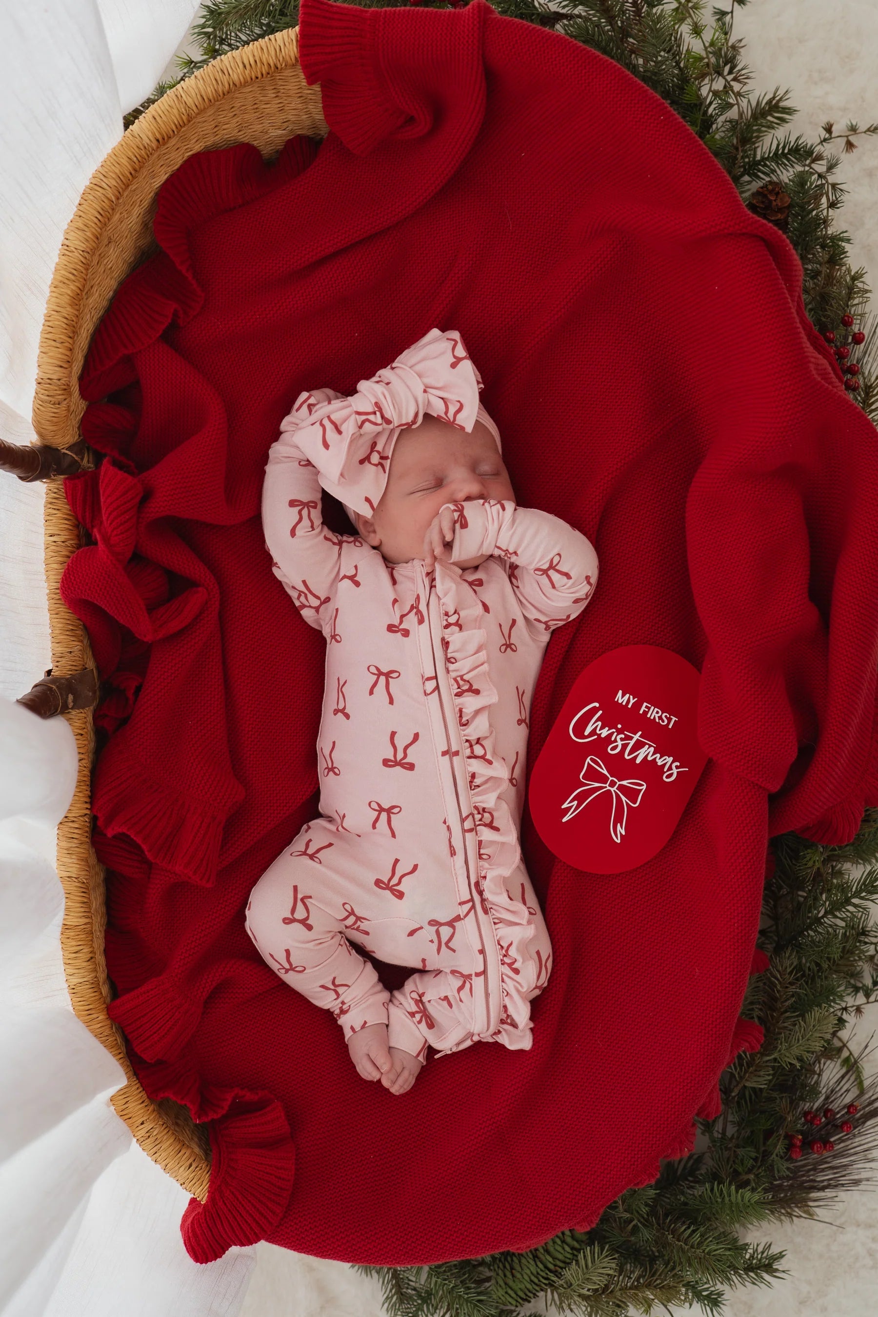 Little and Fern | Red Bows Frill Zip Romper