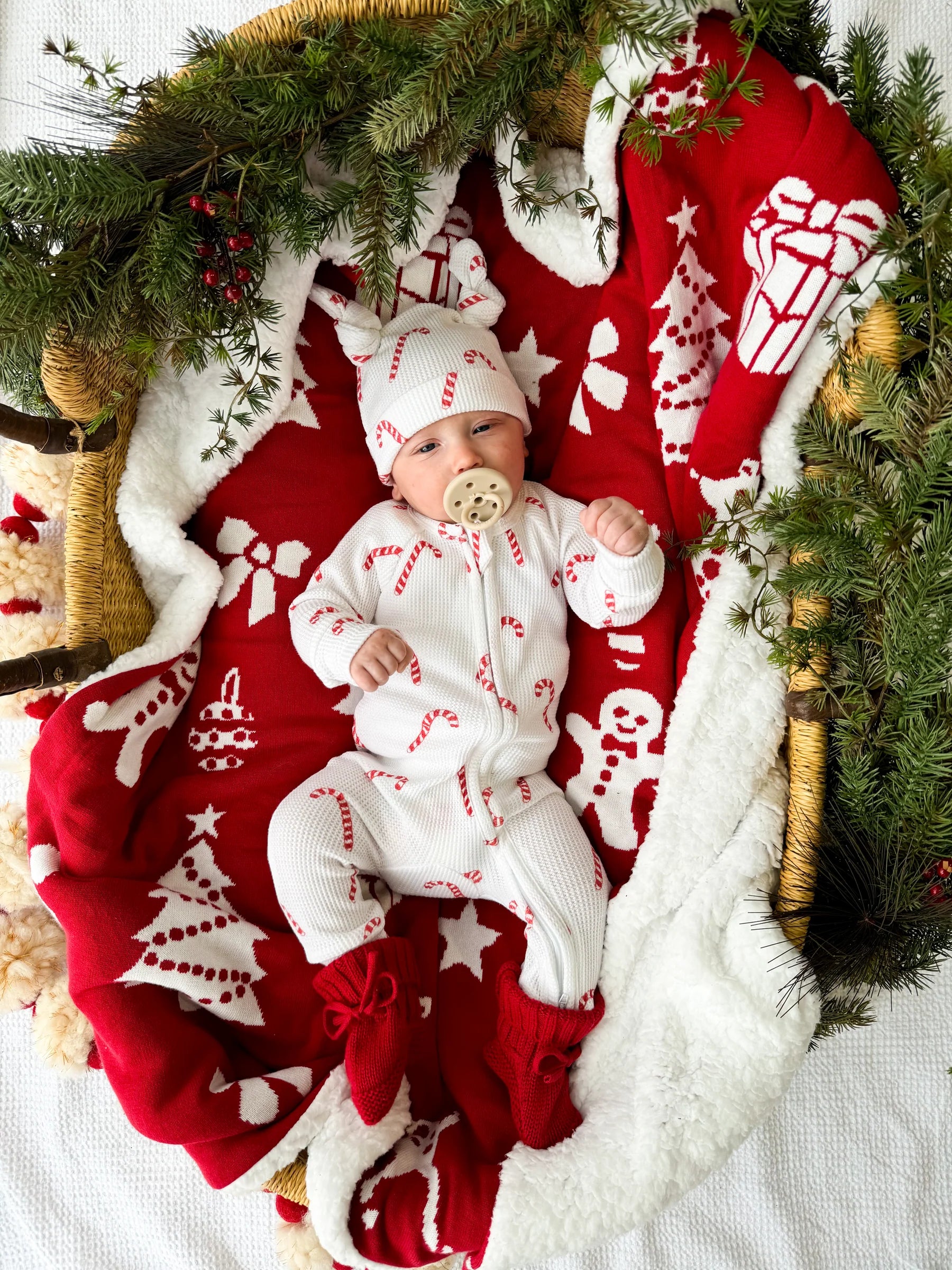 Little & Fern | Candy Cane Waffle Zip Romper