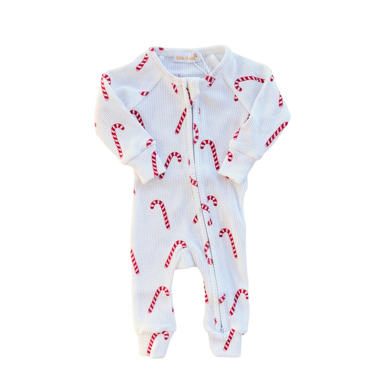 Little & Fern | Candy Cane Waffle Zip Romper