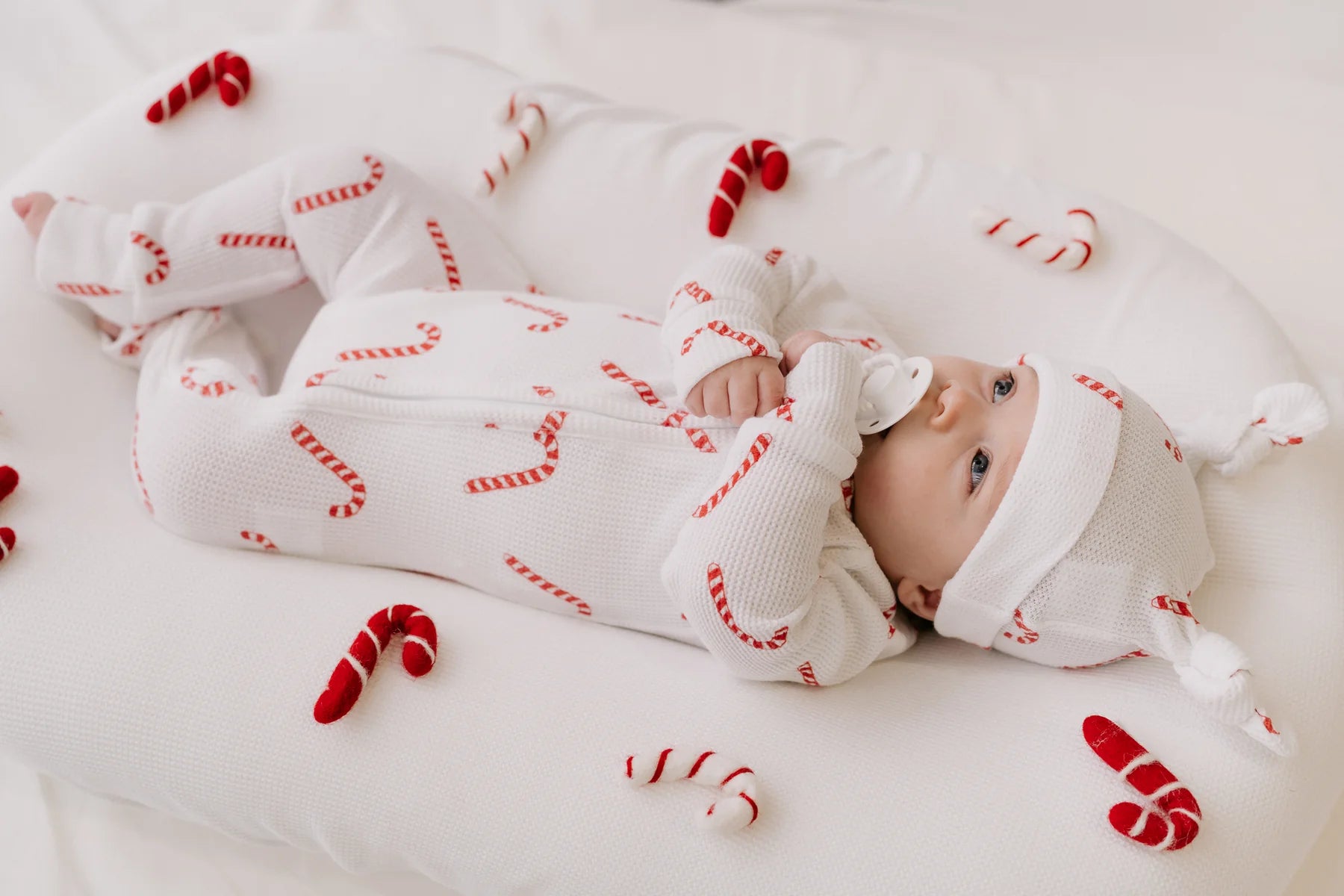 Little & Fern | Candy Cane Waffle Zip Romper