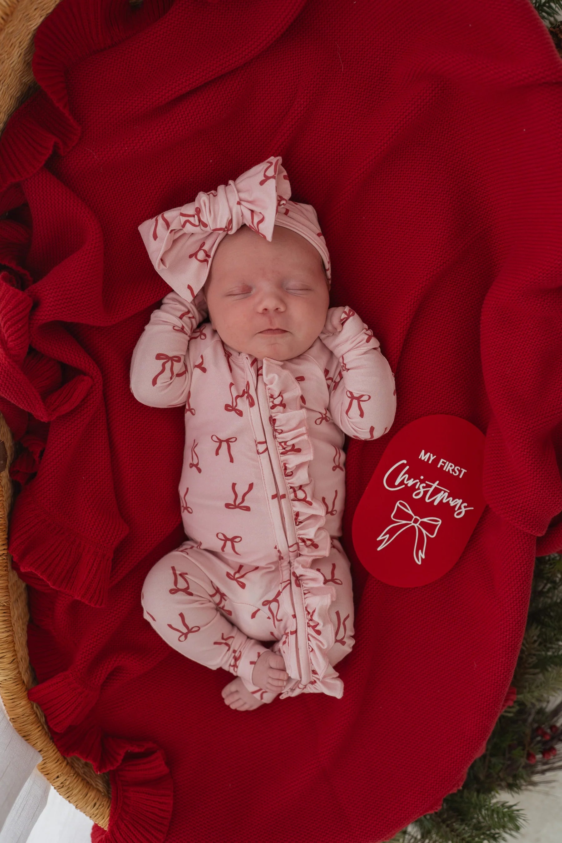 Little and Fern | Red Bows Frill Zip Romper