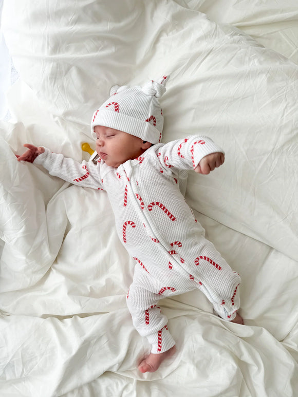 Little & Fern | Candy Cane Waffle Zip Romper